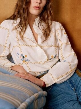 Sezane x Lucia Vergara Chlo Shirt Linen Floral Embroidered Size FR 36 US 4 NWOT